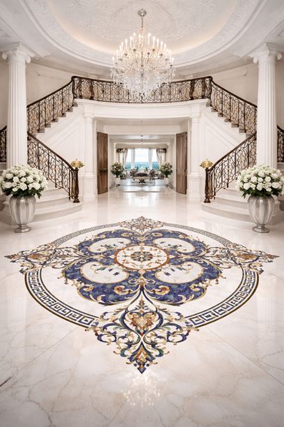 Imperial Lotus Marble Inlay Floor Medallion Design